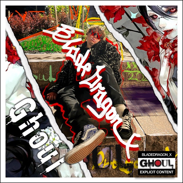 Ghoul album cover by BladeDragon_X with torn anime panels, red marker details, and a seated portrait.