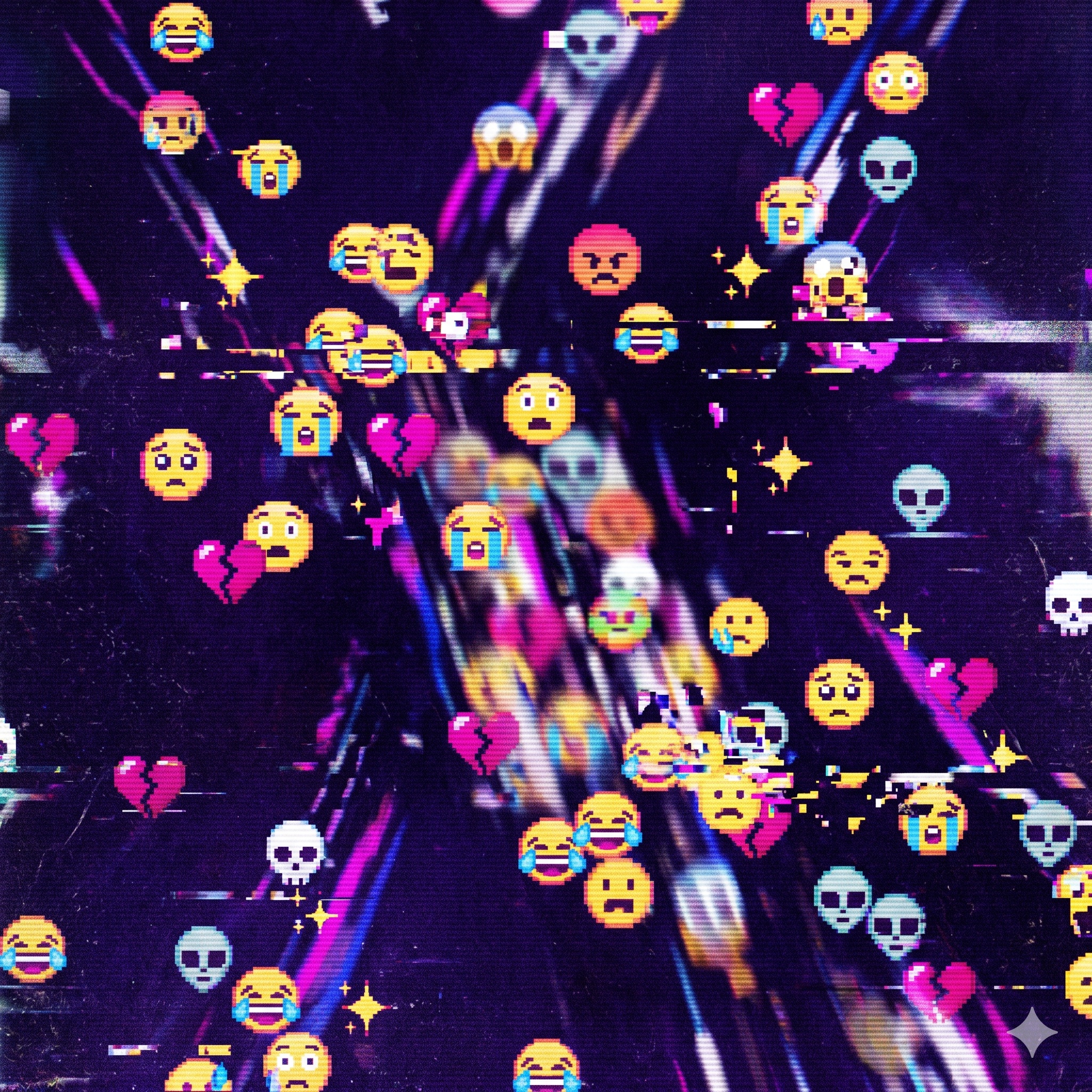 Generated abstract glitch texture with pixel emoji, dark magenta scanlines, and bright vertical streaks.