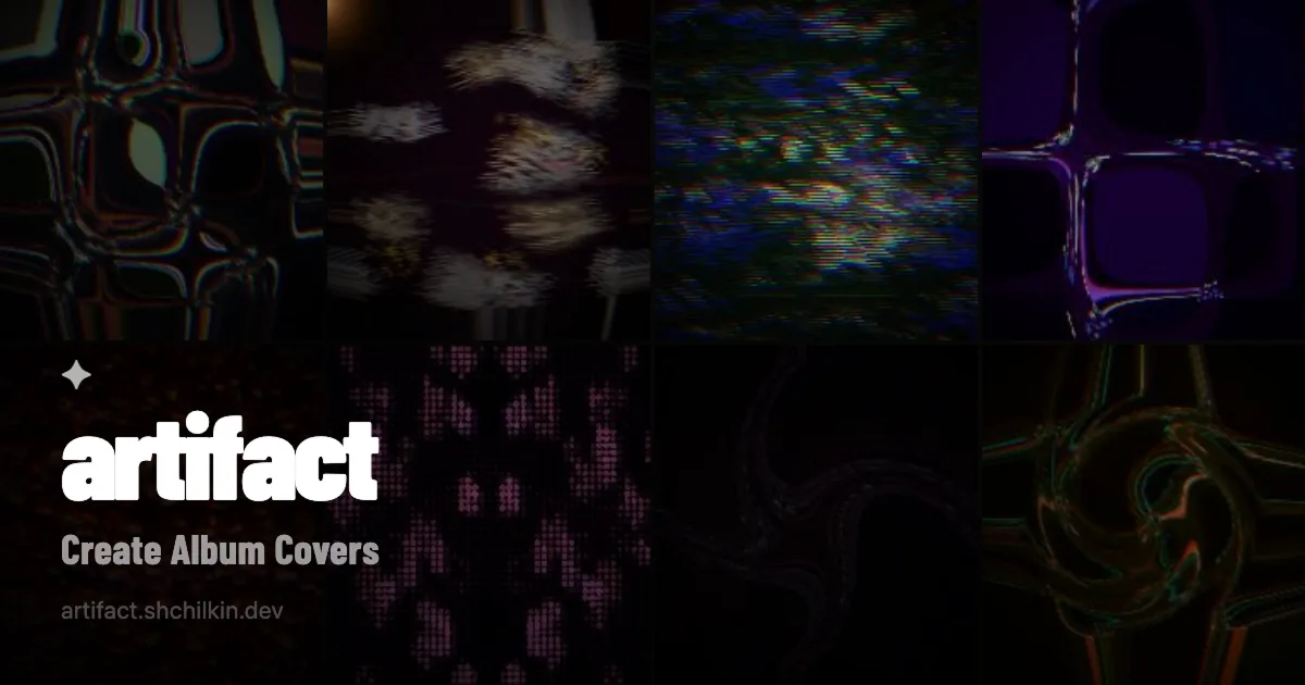 Artifact promotional artwork grid showing glitch-style album cover outputs.