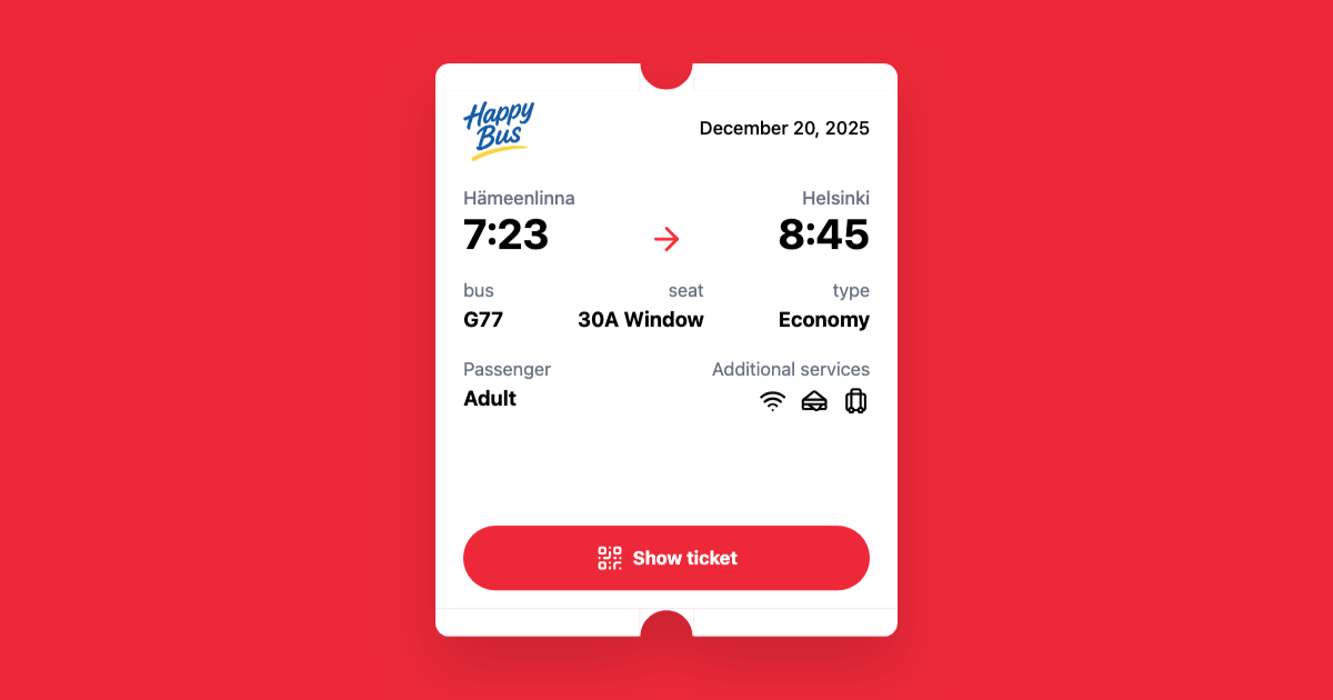 Bus Ticket component preview on a red background.