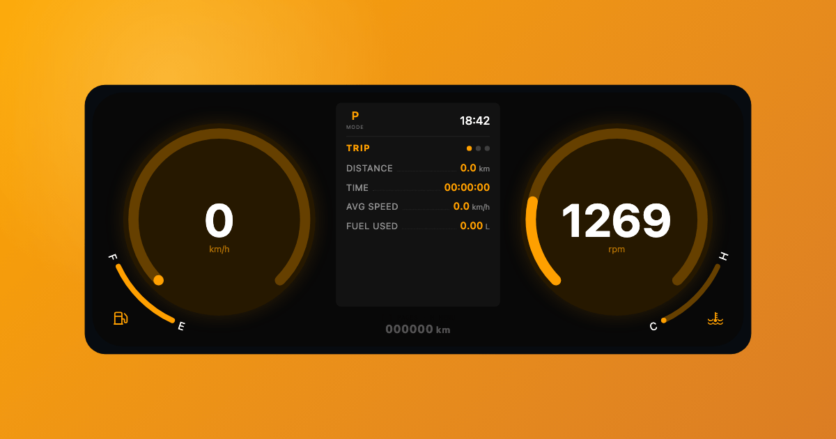 Car Dashboard interface preview with orange gauges on an orange background.