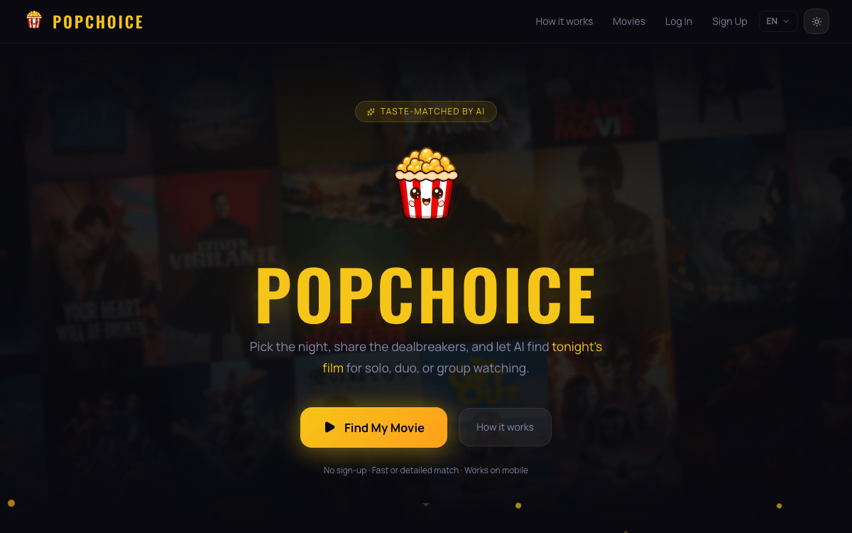 The current PopChoice home screen in English, with its movie-poster field and primary Find My Movie action.
