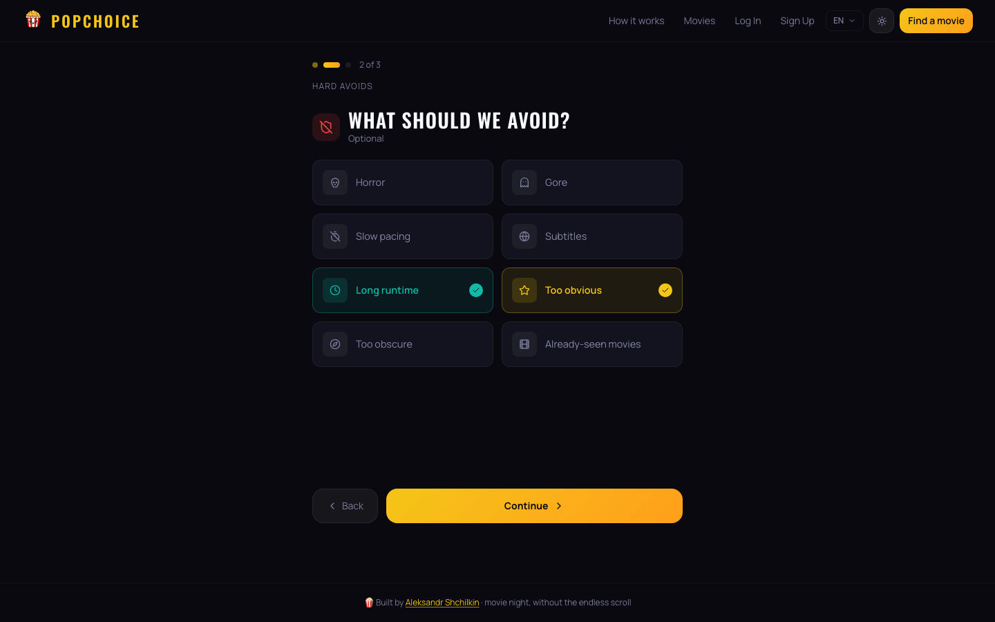 PopChoice hard-avoids screen with Long runtime and Too obvious selected.