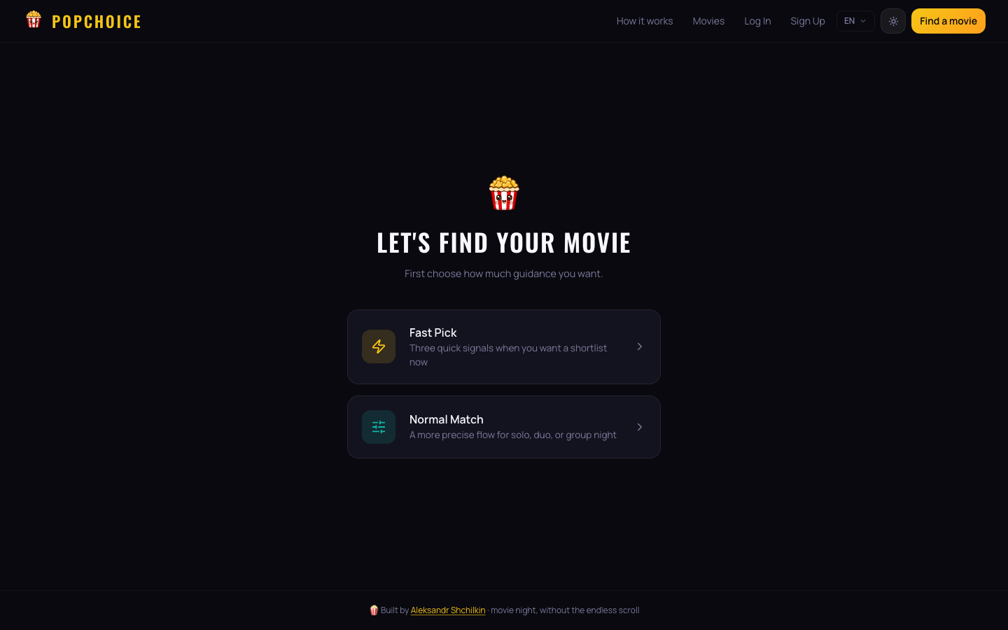 PopChoice screen offering Fast Pick and Normal Match as two recommendation depths.