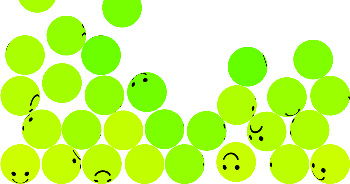 Smiley Spheres preview showing lime green textured spheres settled in a browser scene.