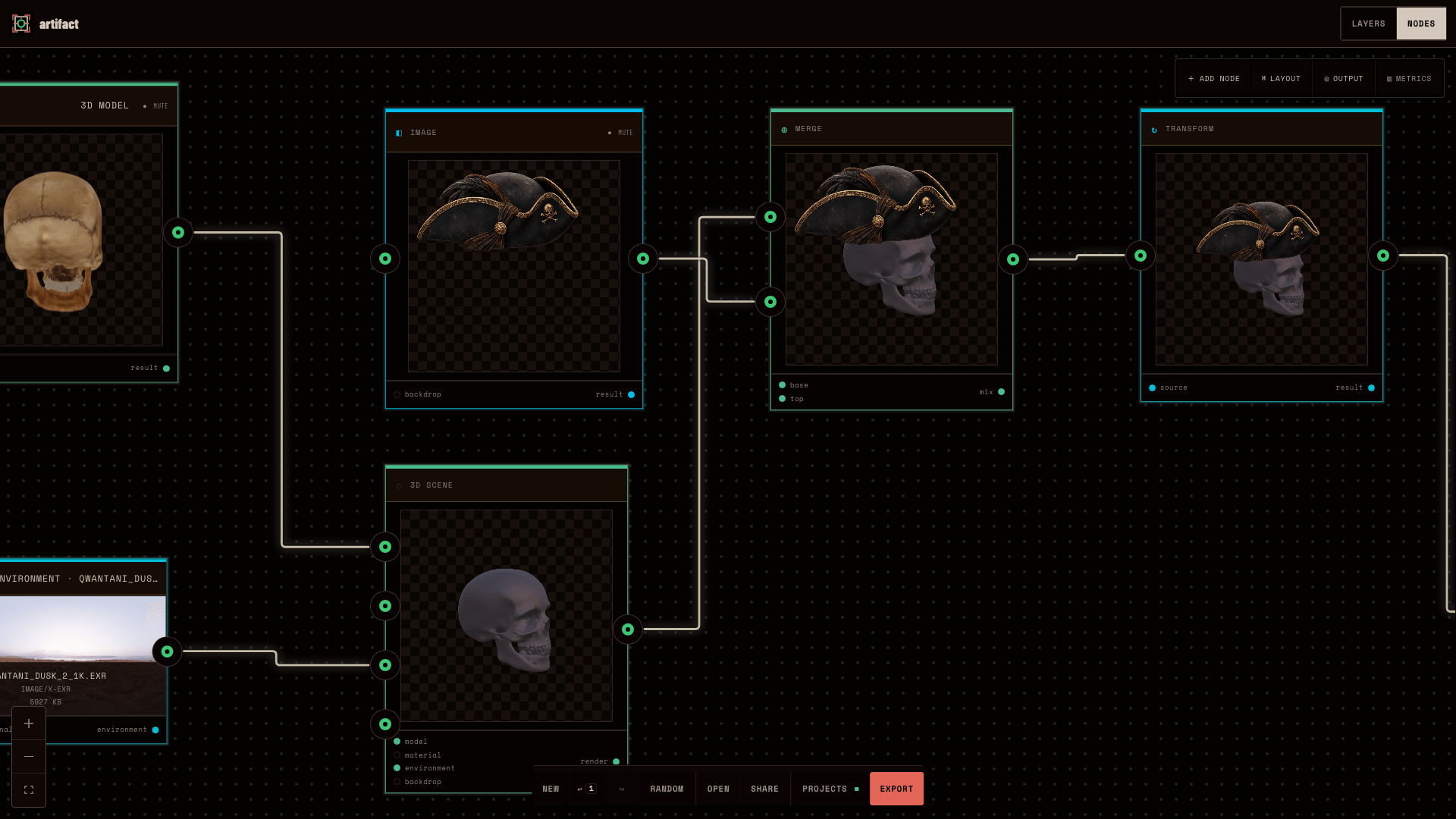 Artifact Nodes view after a clean import, with the restored skull model and EXR environment feeding a rendered 3D Scene and downstream composition nodes.